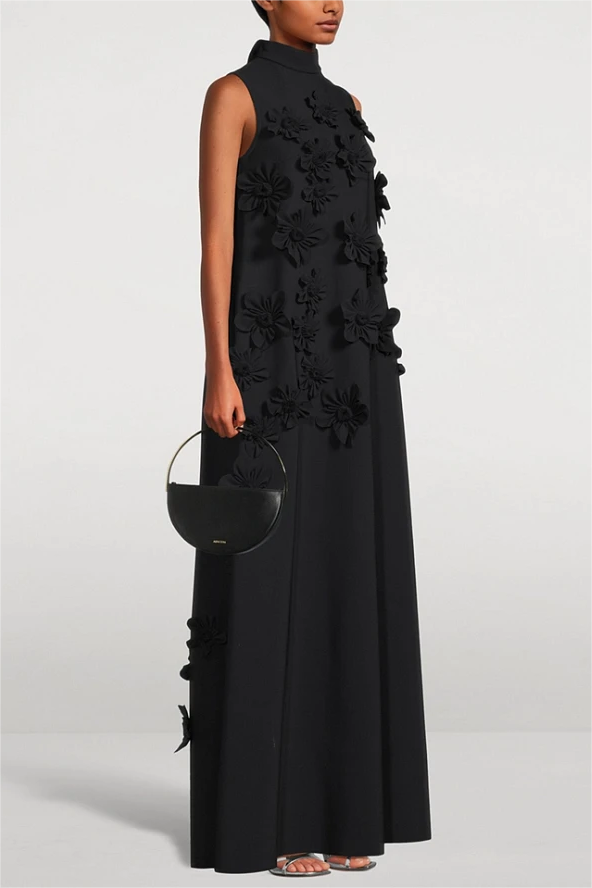 3D Floral High Neck Sleeveless Maxi Dress Black Simple atmospheric beautiful and unique desi