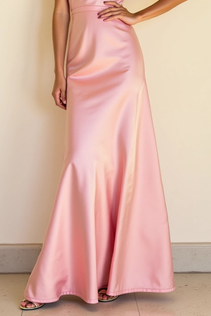 Cocktail Satin Party Dress Pink Straps Maxi Dress Simple beautiful generous and full of charm