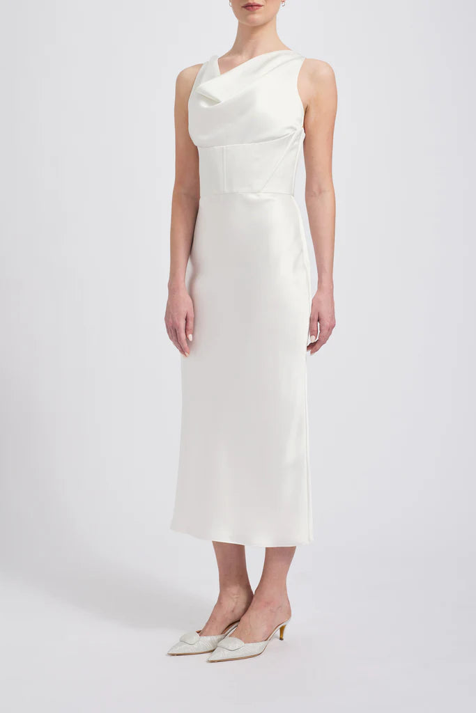Fluid satin cowl neck bias dress with corset detail Shown in Ivory Simple atmo spheric beautiful and unique desig