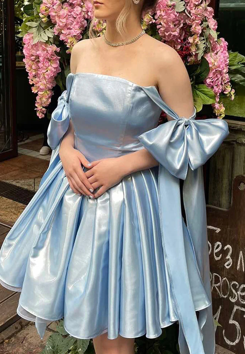 Square Bowknots Pleated A-Line Short Party Dress Simple gentle beautiful and unique design