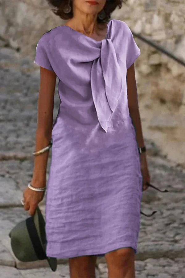 Linen Blend Solid Short-sleeved Adjustable Tie-neck Mini Dress Charming and unique design Beautiful generous simple