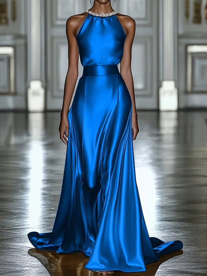 Simple beautiful generous and full of charm Blue Rhinestone Halter Sleeveless A-Line Gown