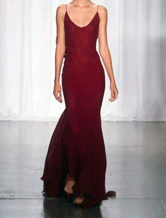 Burgundy Mermaid Chiffon Lace Prom Dress Backless Formal Gown