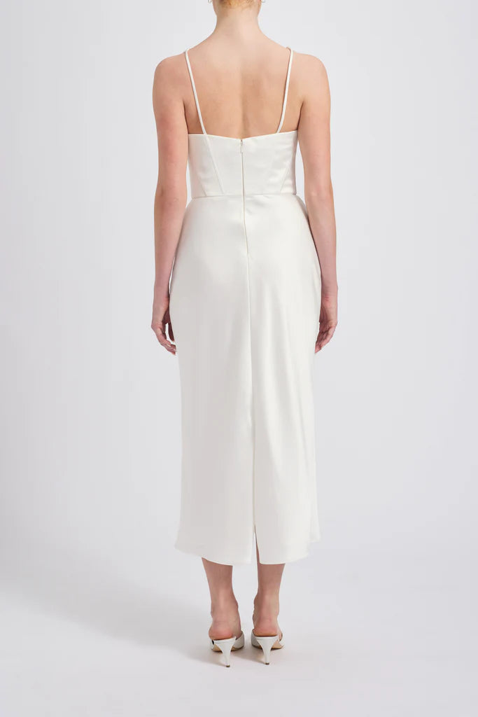 Fluid satin cowl neck bias dress with corset detail Shown in Ivory Simple atmo spheric beautiful and unique desig