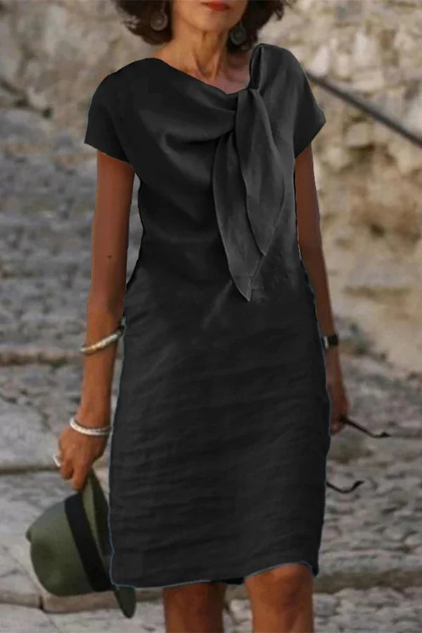 Linen Blend Solid Short-sleeved Adjustable Tie-neck Mini Dress Charming and unique design Beautiful generous simple