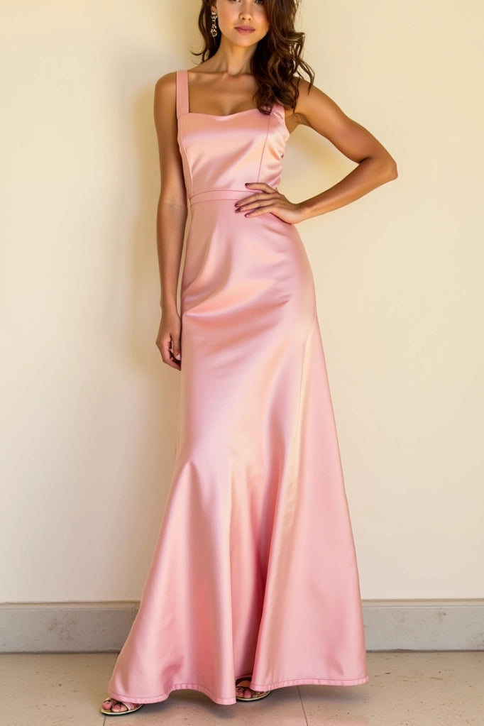Cocktail Satin Party Dress Pink Straps Maxi Dress Simple beautiful generous and full of charm