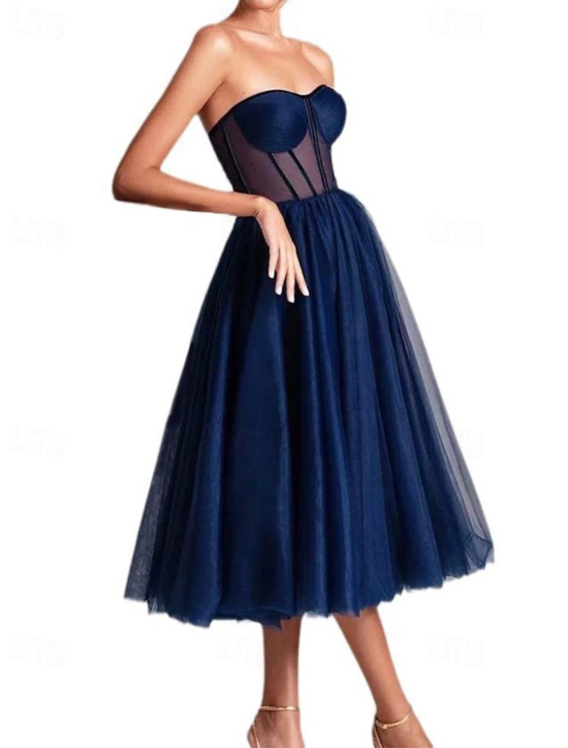 A-Line Prom Dresses Party Dress Evening Party Cocktail Party Tea Length Sleeveless Sweetheart Tulle with Ruched
