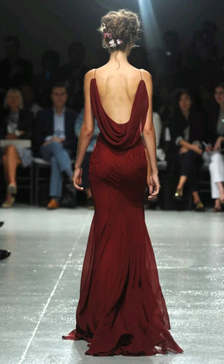 Burgundy Mermaid Chiffon Lace Prom Dress Backless Formal Gown