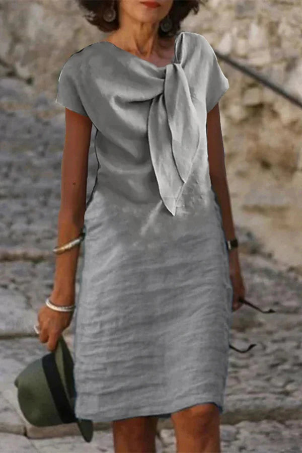 Linen Blend Solid Short-sleeved Adjustable Tie-neck Mini Dress Charming and unique design Beautiful generous simple