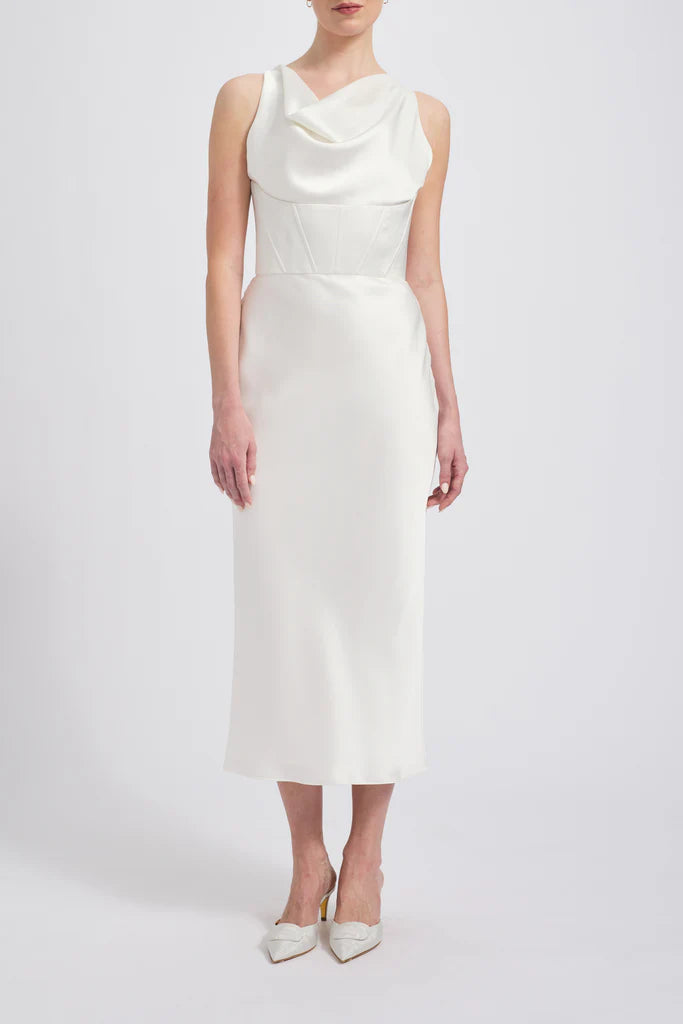 Fluid satin cowl neck bias dress with corset detail Shown in Ivory Simple atmo spheric beautiful and unique desig