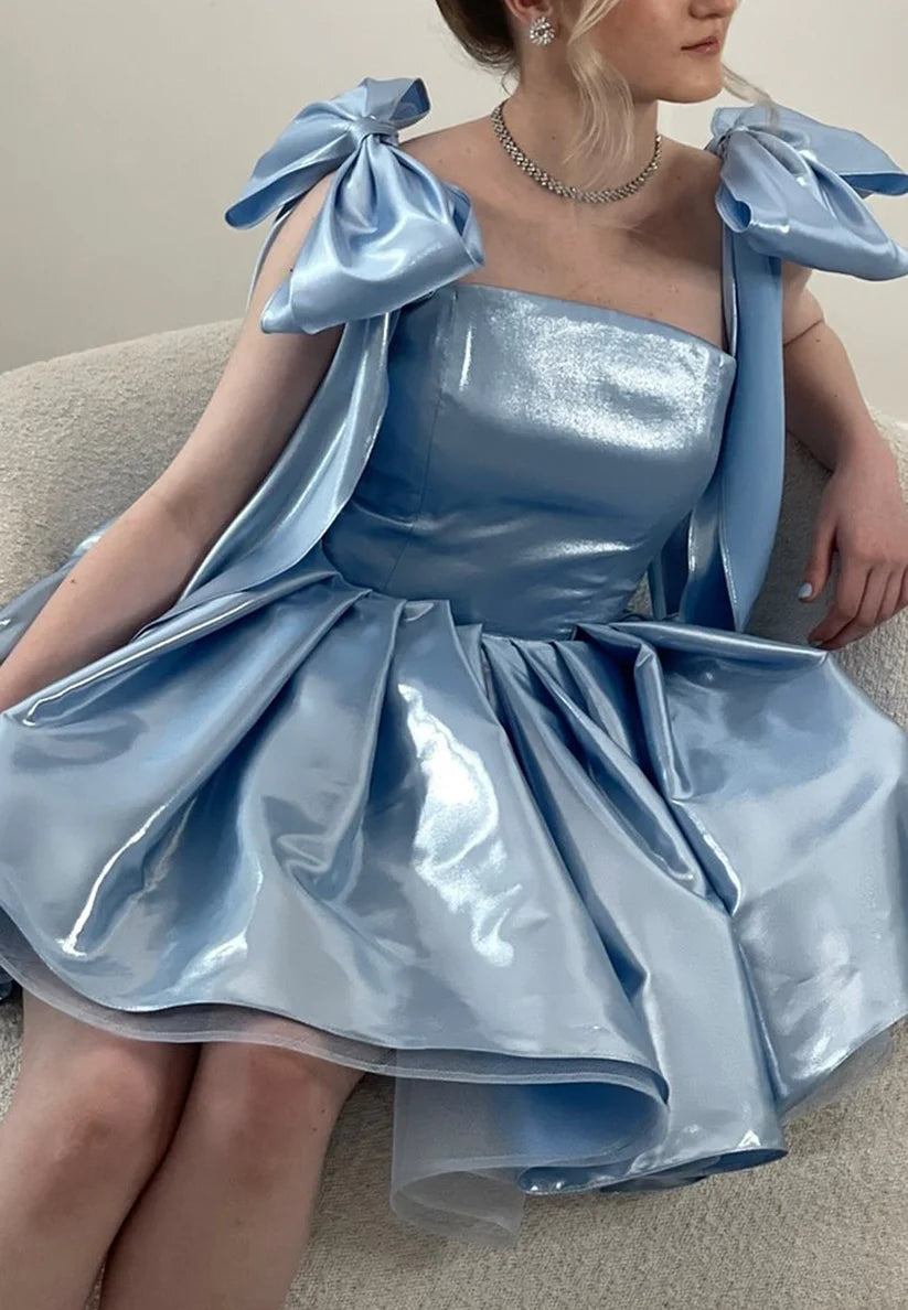 Square Bowknots Pleated A-Line Short Party Dress Simple gentle beautiful and unique design