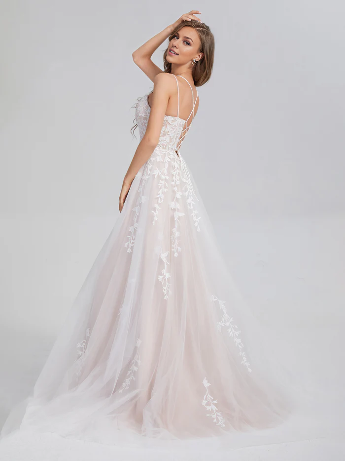 Criss Cross Appliques Satin Tulle Prom Dresses Simple gentle atmospheric and unique design