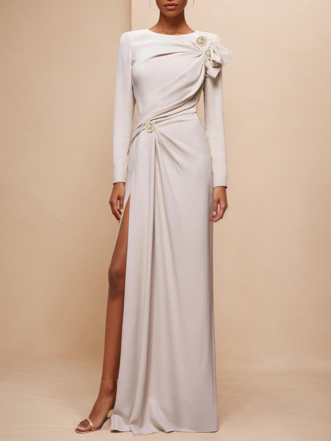 Simple beautiful generous and full of charm Apricot Ruched Long Sleeve Slit Shift Maxi Dress
