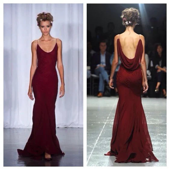 Burgundy Mermaid Chiffon Lace Prom Dress Backless Formal Gown