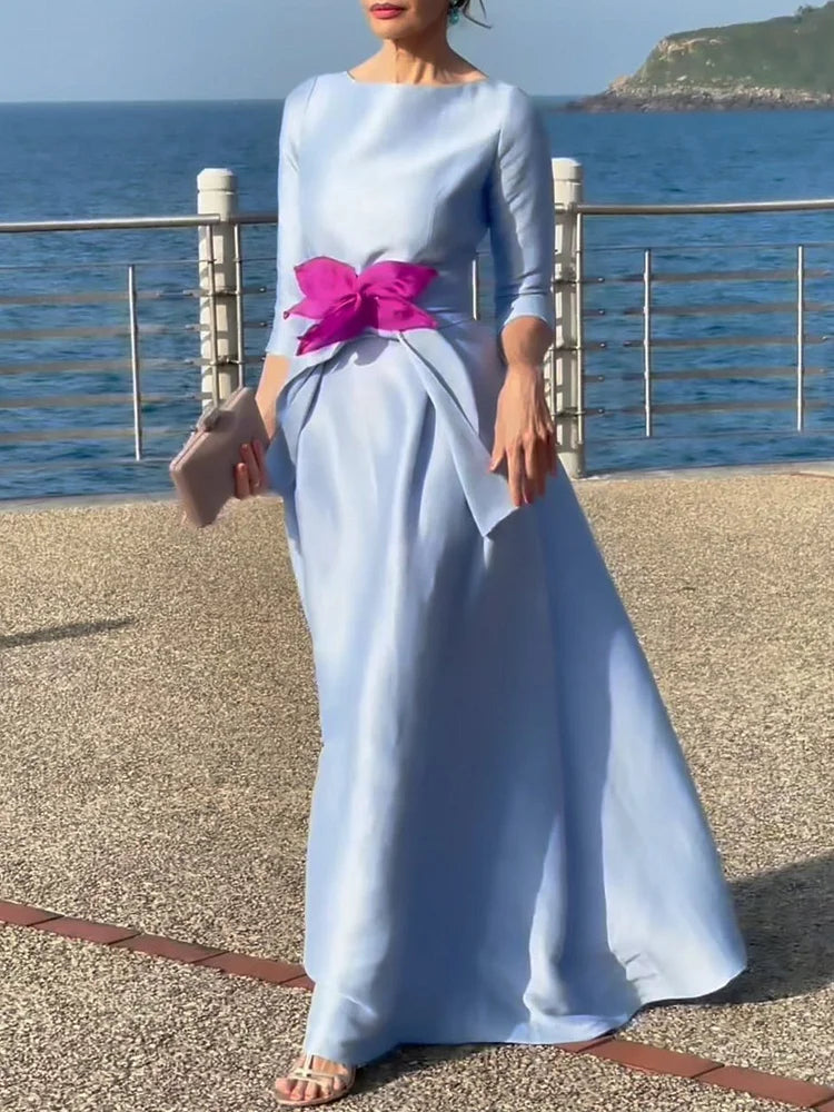 Three-Quarter Sleeves Solid Color Tied Waist Boat Neck Maxi Dresses Simple atmospheric beautiful and unique desi ﻿