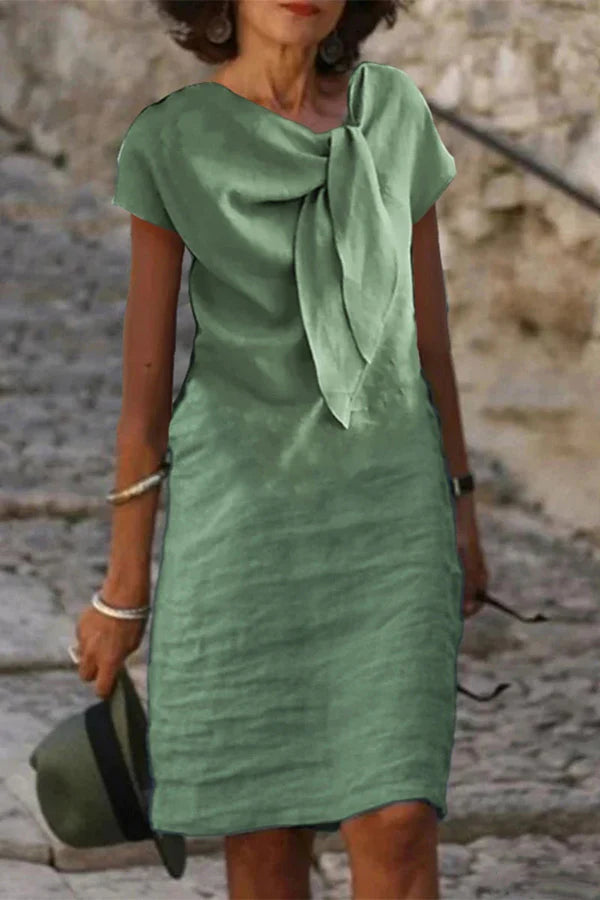 Linen Blend Solid Short-sleeved Adjustable Tie-neck Mini Dress Charming and unique design Beautiful generous simple