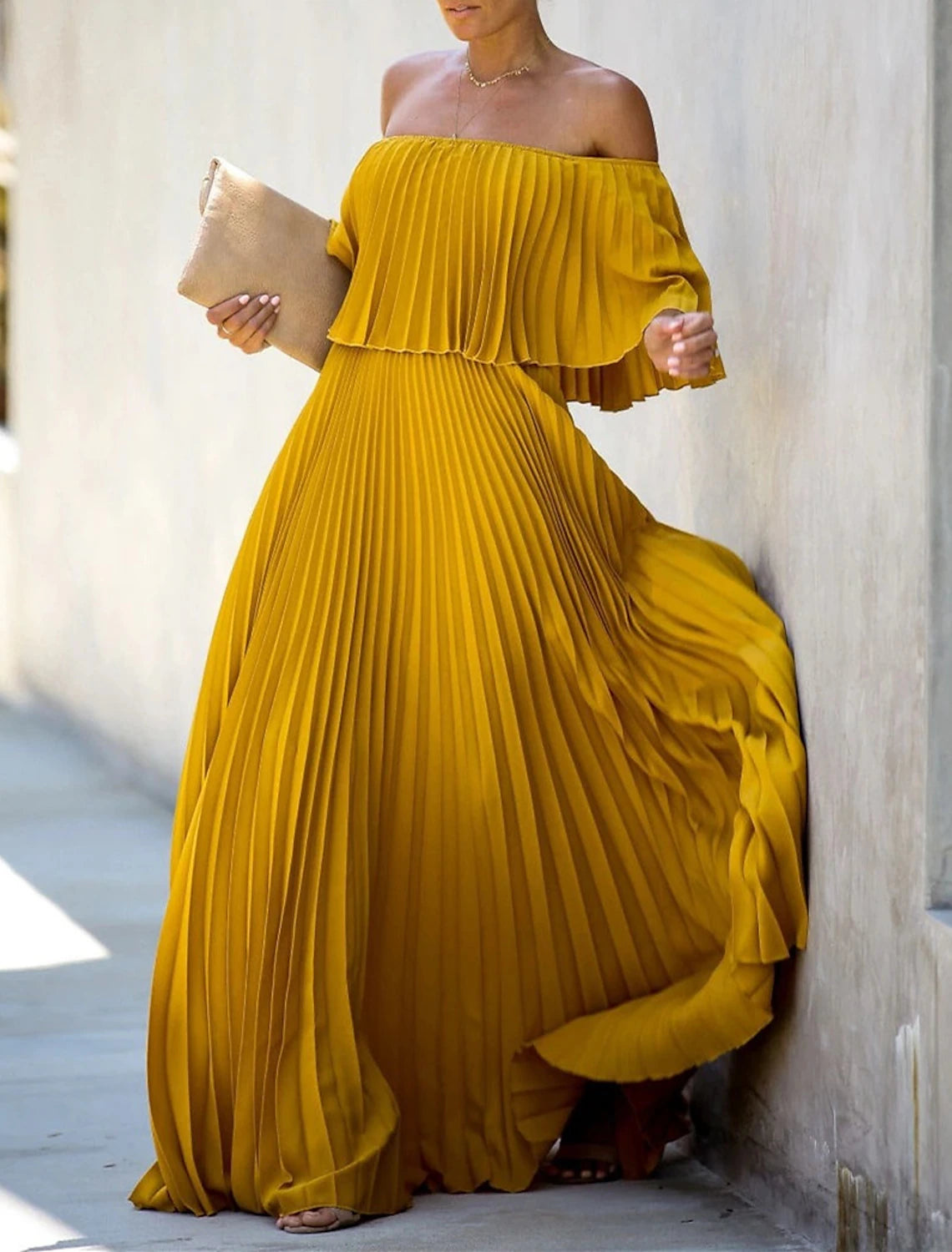 A-Line Summer Maxi Dresses for Women Elegant Dress Beach Wedding Party Wear Wedding Party Floor Length Half Sleeve Off Shoulder Chiffon with Pleats Ruffles dress to impress
