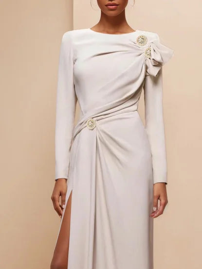 Simple beautiful generous and full of charm Apricot Ruched Long Sleeve Slit Shift Maxi Dress
