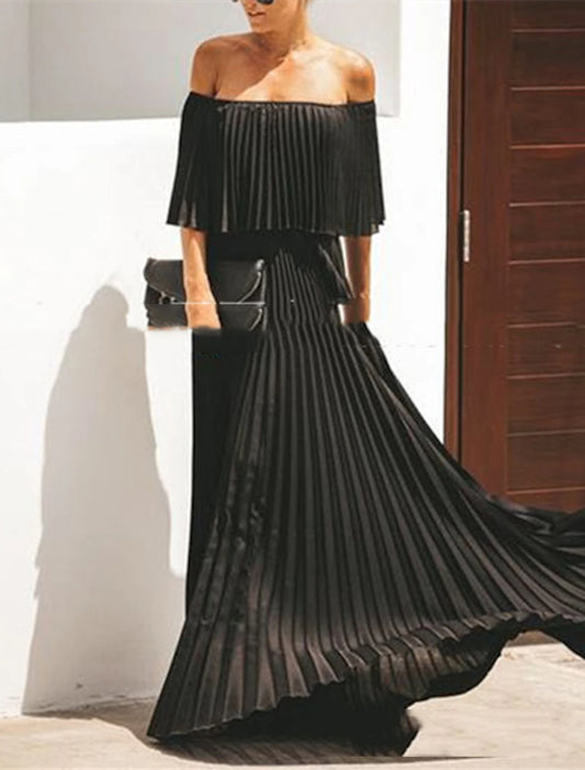 A-Line Summer Maxi Dresses for Women Elegant Dress Beach Wedding Party Wear Wedding Party Floor Length Half Sleeve Off Shoulder Chiffon with Pleats Ruffles dress to impress