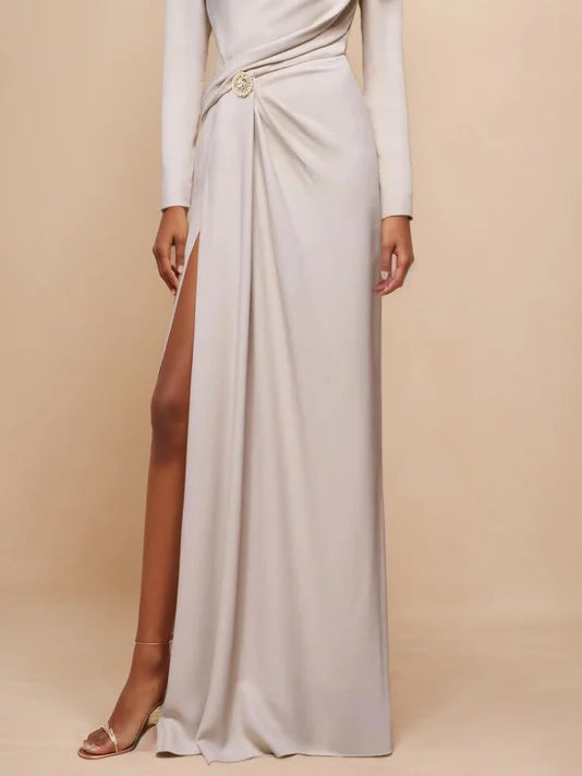 Simple beautiful generous and full of charm Apricot Ruched Long Sleeve Slit Shift Maxi Dress