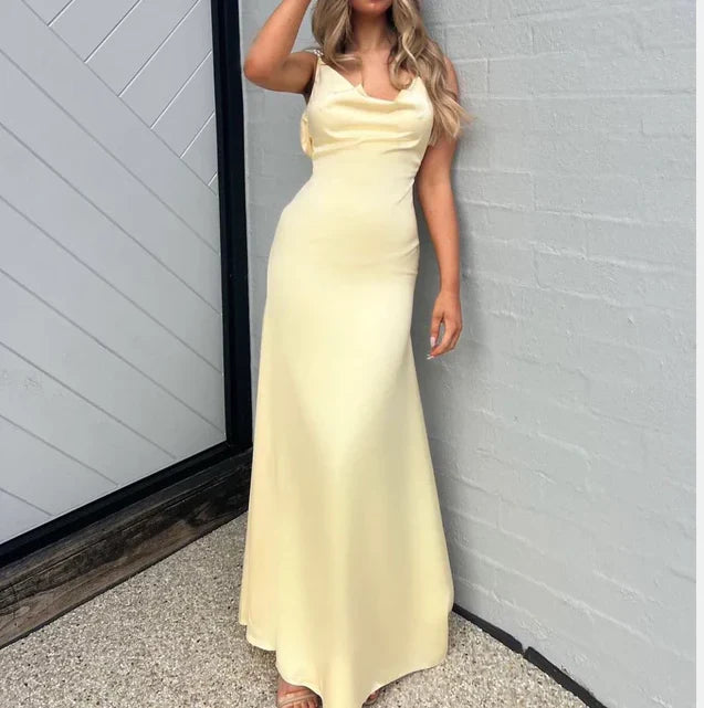 Pearl Straps Patel Yellow Satin Long Prom Dress Backless Birthday Dress