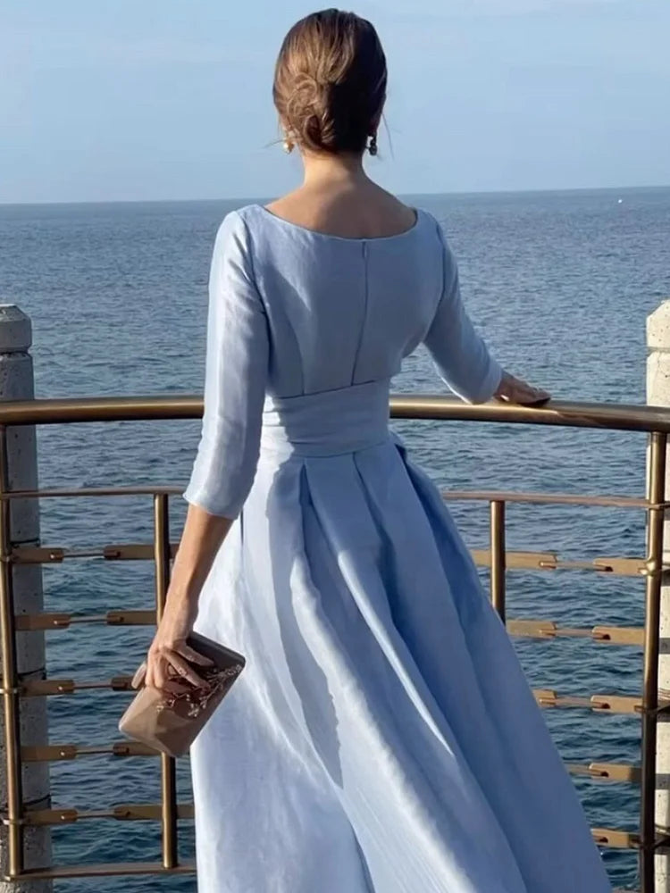 Three-Quarter Sleeves Solid Color Tied Waist Boat Neck Maxi Dresses Simple atmospheric beautiful and unique desi ﻿