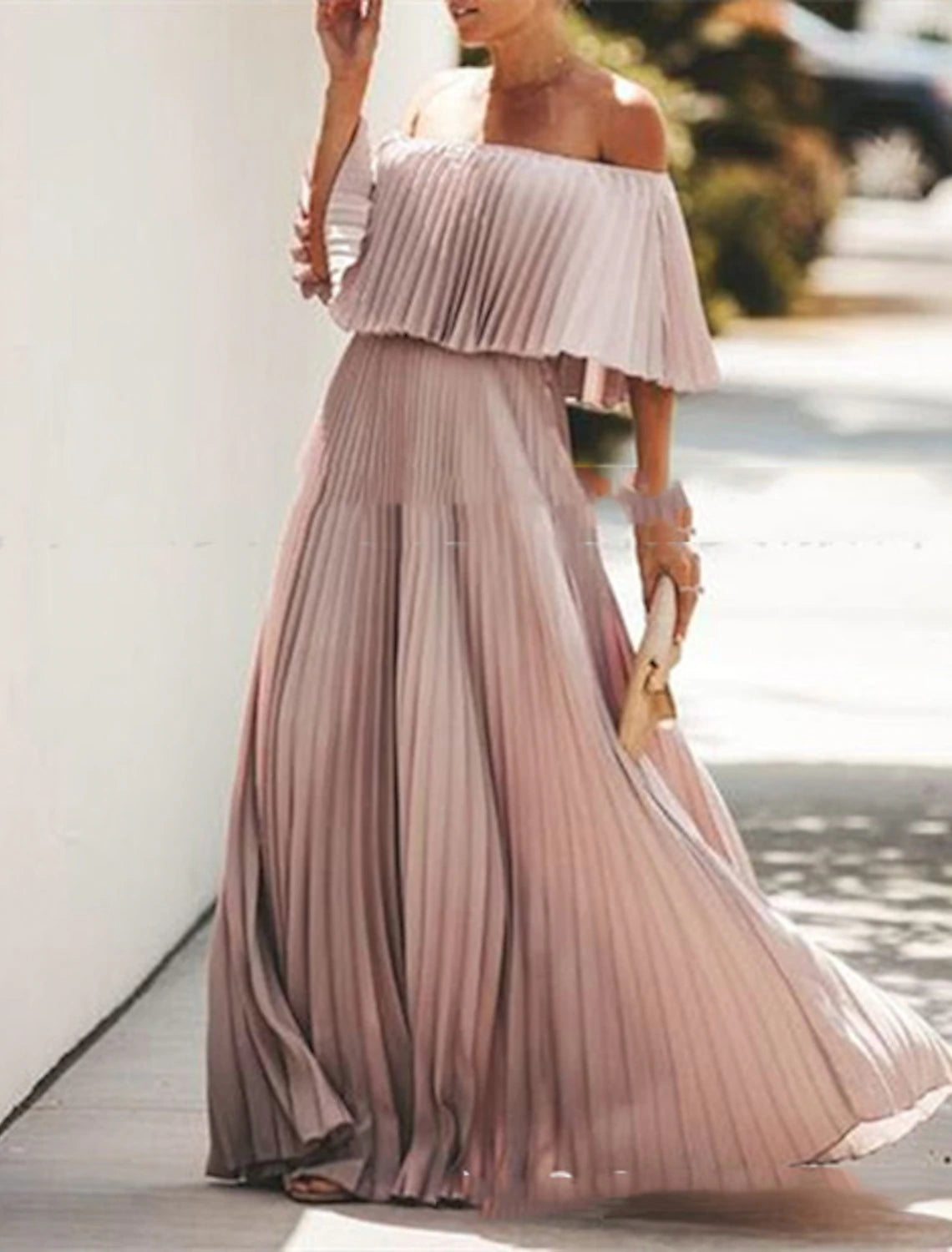A-Line Summer Maxi Dresses for Women Elegant Dress Beach Wedding Party Wear Wedding Party Floor Length Half Sleeve Off Shoulder Chiffon with Pleats Ruffles dress to impress