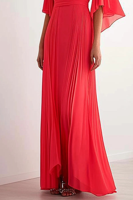 Daily Vacation Red Maxi Dress Flare Sleeve V Neck Romantic Dress
