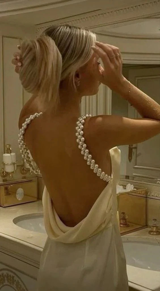 Pearl Straps Patel Yellow Satin Long Prom Dress Backless Birthday Dress