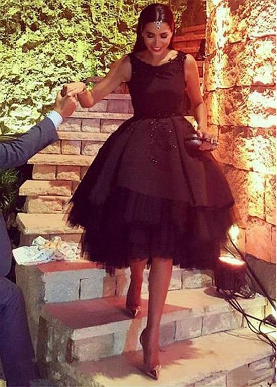 A-Line Black Tulle Backless Knee Length Homecoming Dress