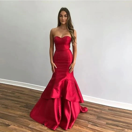 Elegant Mermaid Prom Dresses Sweetheart Tiered Floor Length Formal Party Dress Burgundy Prom Gowns