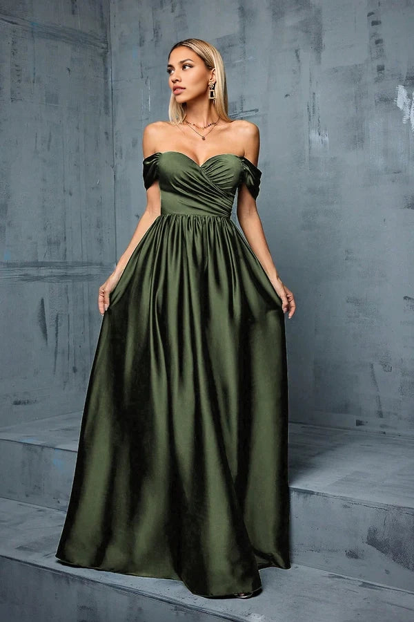 Army Green Off the Shoulder Satin A-Line Long Prom Dress simple gentle atmospheric and unique desi Bring summer colors to enhance whiteness