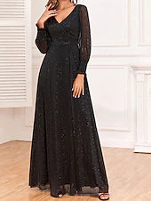Dress Mother of the Bride Dress Elegant Party Black Dress V Neck Floor Length Polyester Long Sleeve with Sequin