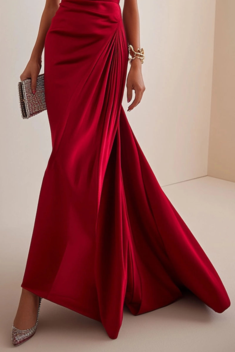 Elegant Formal Red Maxi Prom Dress Strapless Evening Gown