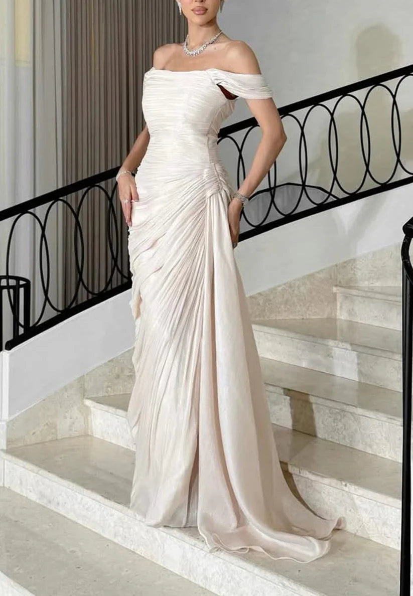 Off-Shoulder Sleeveless Pleated Sheath Evening Dress simple gentle atmospheric and unique desi Bring summer colors to enhance whiteness