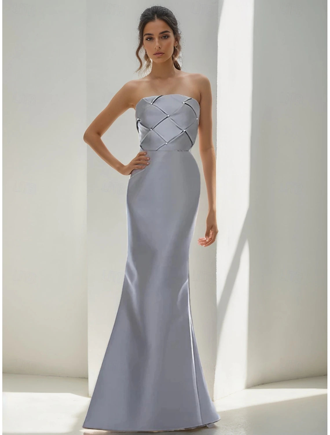 Blue Black Mermaid / Trumpet Evening Gown Elegant Dress Formal Wedding Floor Length Short Sleeve Spaghetti Strap Belt Satin with Ruffles Shawl