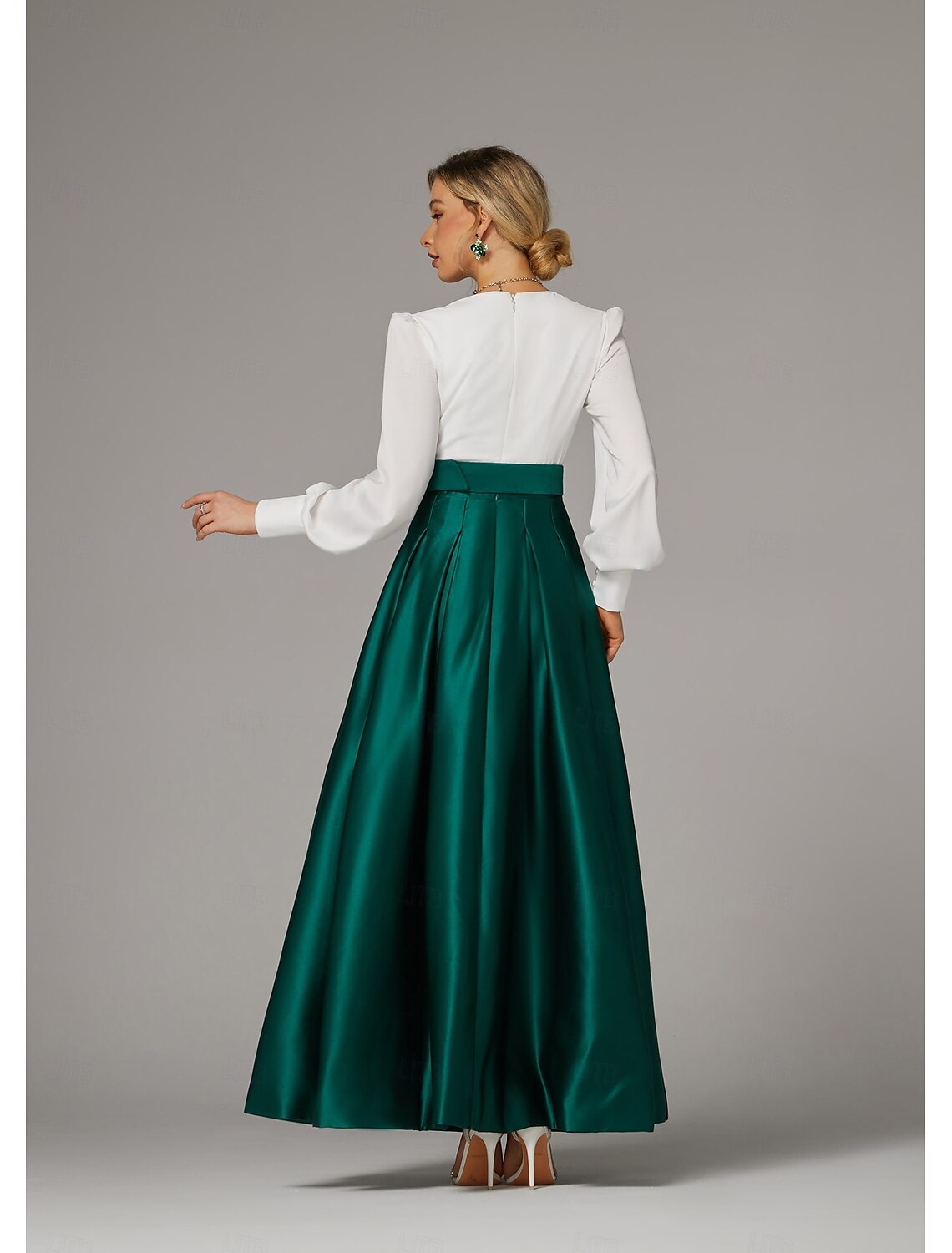 A-Line Evening Gown High Split Dress Formal Wedding Guest Floor Length Long Sleeve V Neck Fall Wedding Guest Satin with Pleats Slit