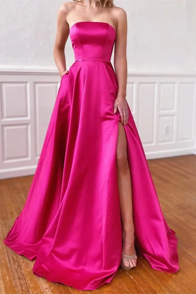 Simple Fuchsia Satin Strapless Sleeveless Long A-Line Prom Dress With Split