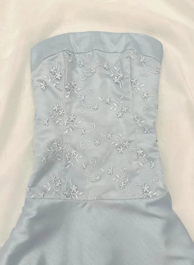 Cute Blue A Line Strapless Embroidery Satin Short Homecoming Dress Outfits simple gentle atmospheric and unique desi Bring summer colors to enhance whiteness
