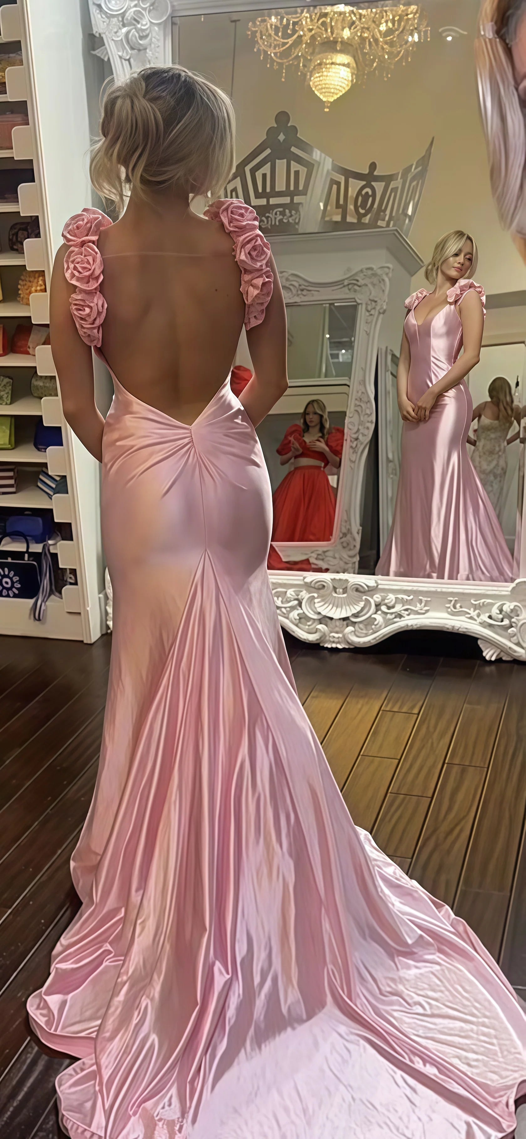 Sexy Mermaid Beautiful elegant and unique design Prom Dress Floral Pink V-neck Evening Prom Dresses With Open Back