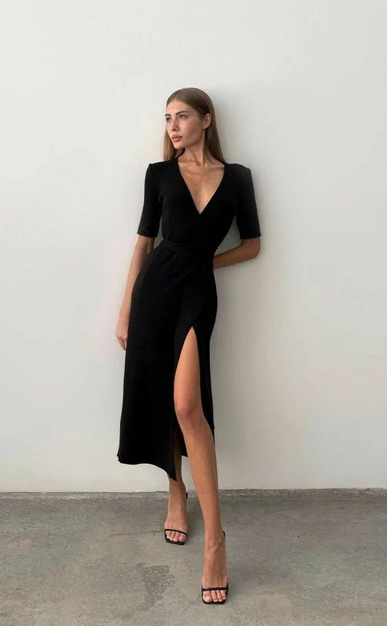 Sexy Black Split Half Sleeve Dress Evening Dress