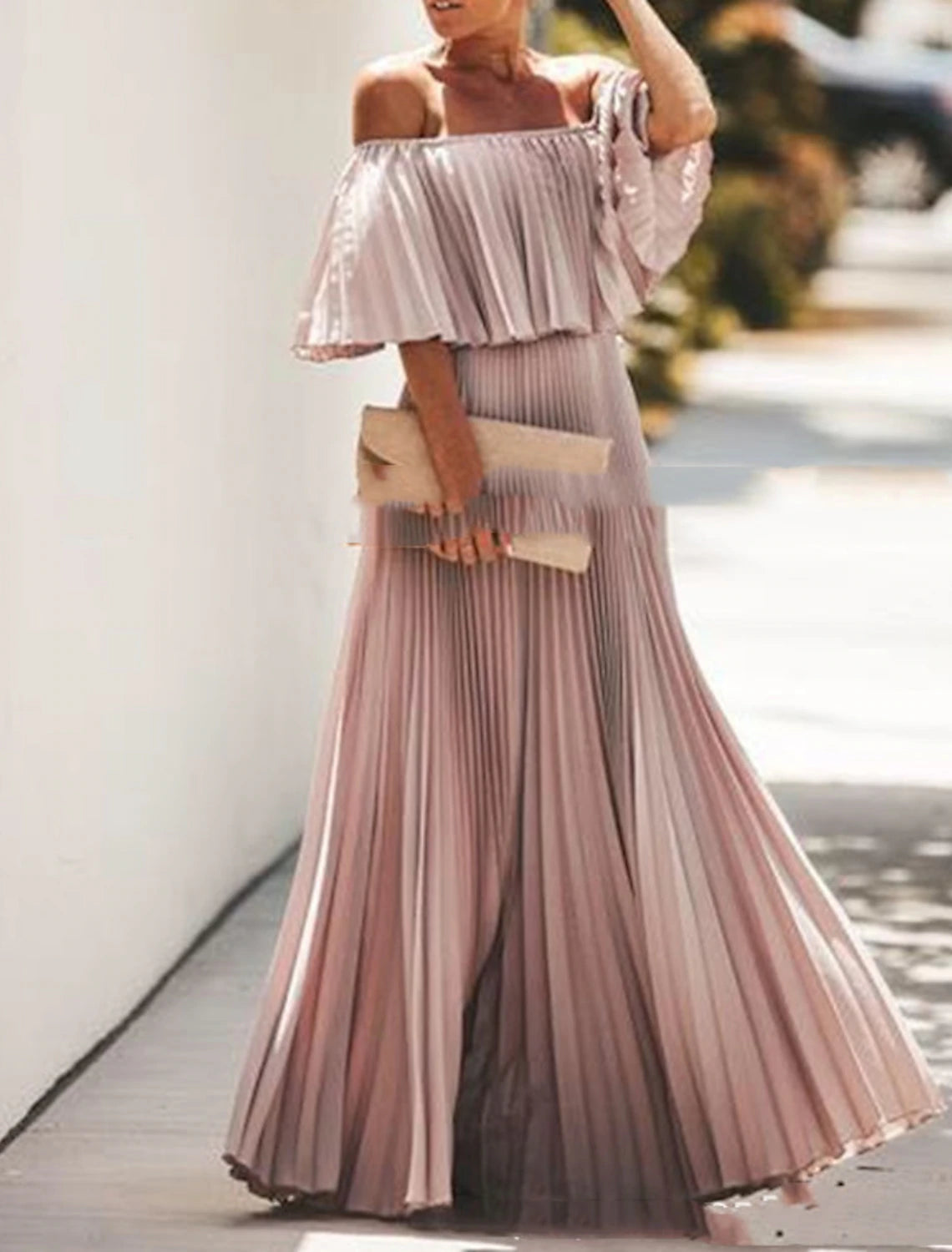 A-Line Summer Maxi Dresses for Women Elegant Dress Beach Wedding Party Wear Wedding Party Floor Length Half Sleeve Off Shoulder Chiffon with Pleats Ruffles dress to impress