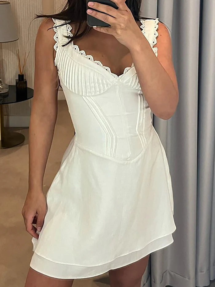 White Lace Deep V Neck Sexy Short Graduation Dress