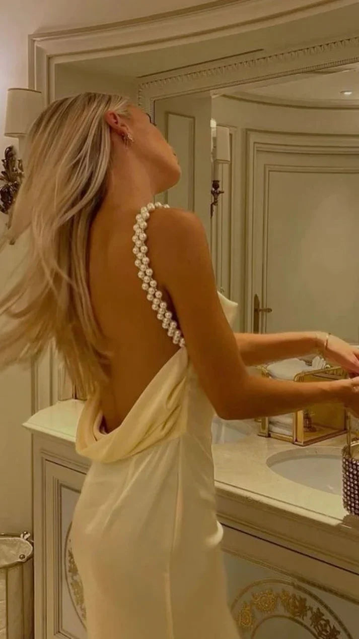 Pearl Straps Patel Yellow Satin Long Prom Dress Backless Birthday Dress