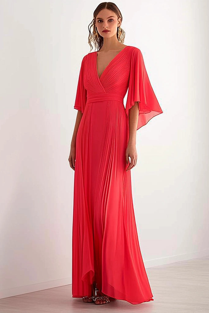 Daily Vacation Red Maxi Dress Flare Sleeve V Neck Romantic Dress