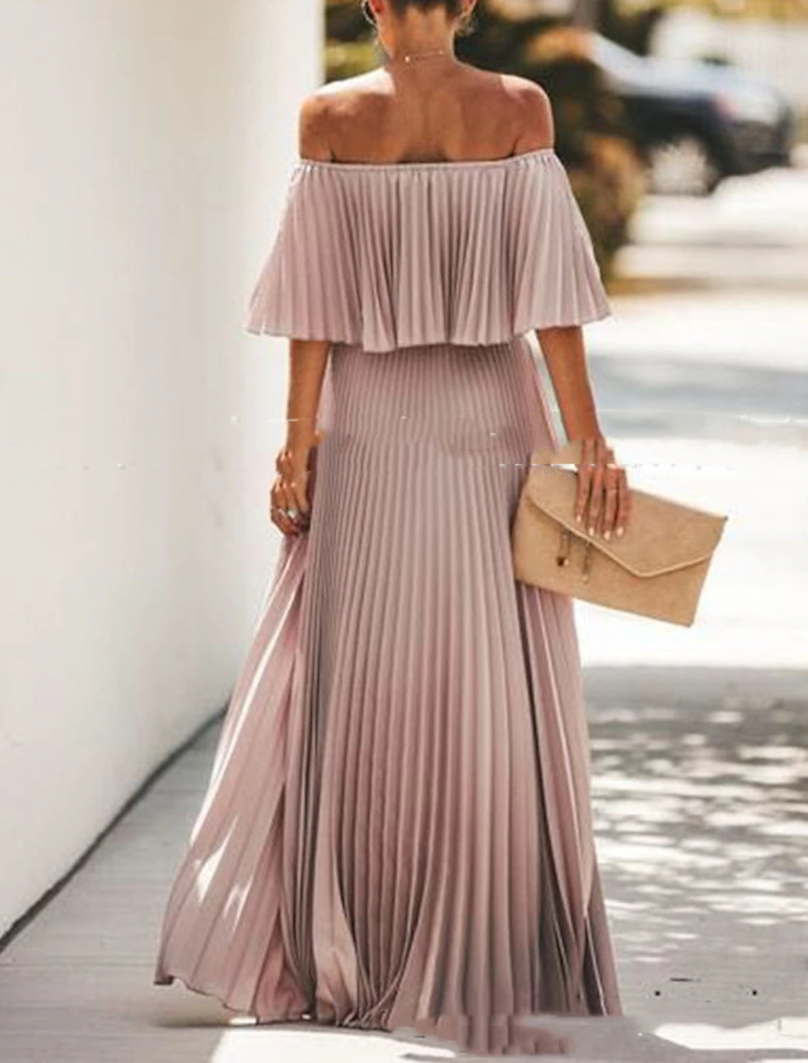 A-Line Summer Maxi Dresses for Women Elegant Dress Beach Wedding Party Wear Wedding Party Floor Length Half Sleeve Off Shoulder Chiffon with Pleats Ruffles dress to impress