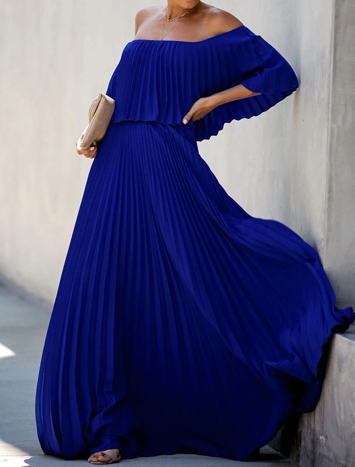 A-Line Summer Maxi Dresses for Women Elegant Dress Beach Wedding Party Wear Wedding Party Floor Length Half Sleeve Off Shoulder Chiffon with Pleats Ruffles dress to impress