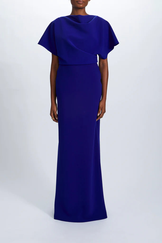 Italian stretch crepe relaxed drape gown Shown Cobalt Simple atmo spheric beautiful and unique desig