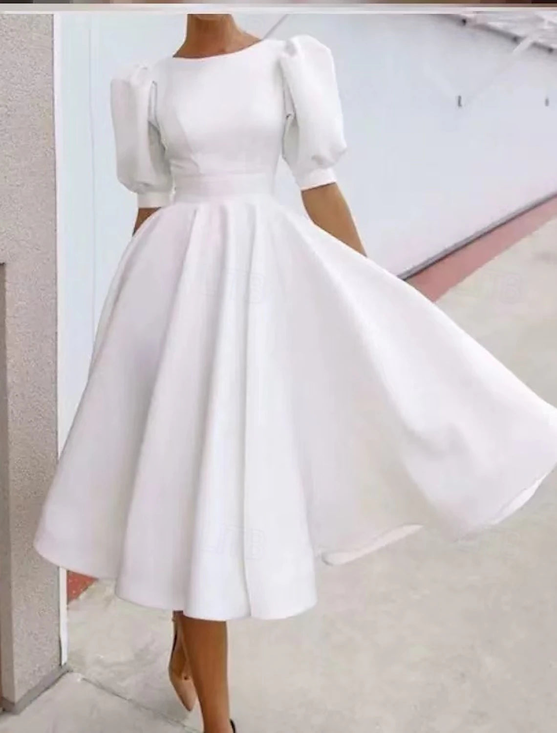 Little White Dresses Formal Wedding Dresses Ball Gown Scoop Neck Short Sleeve Tea Length Jersey Bridal Suits Bridal Gowns With Pleats Solid