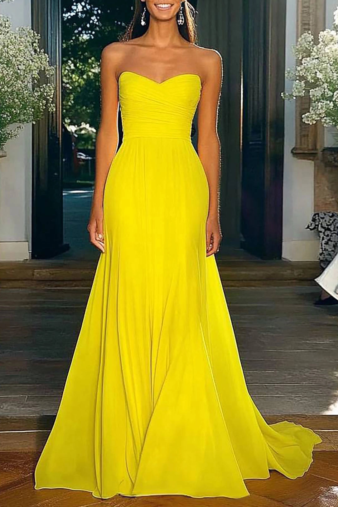 Formal Evening Gown Yellow Strapless Chiffon Floor-Length Dress